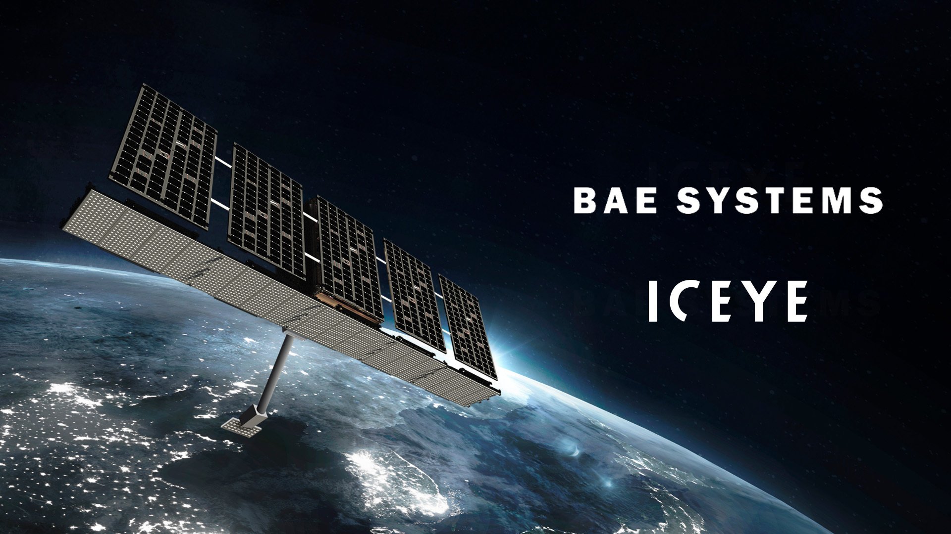 Graphic visualization of an ICEYE SAR satellite with ICEYE and BAE Systems logos.