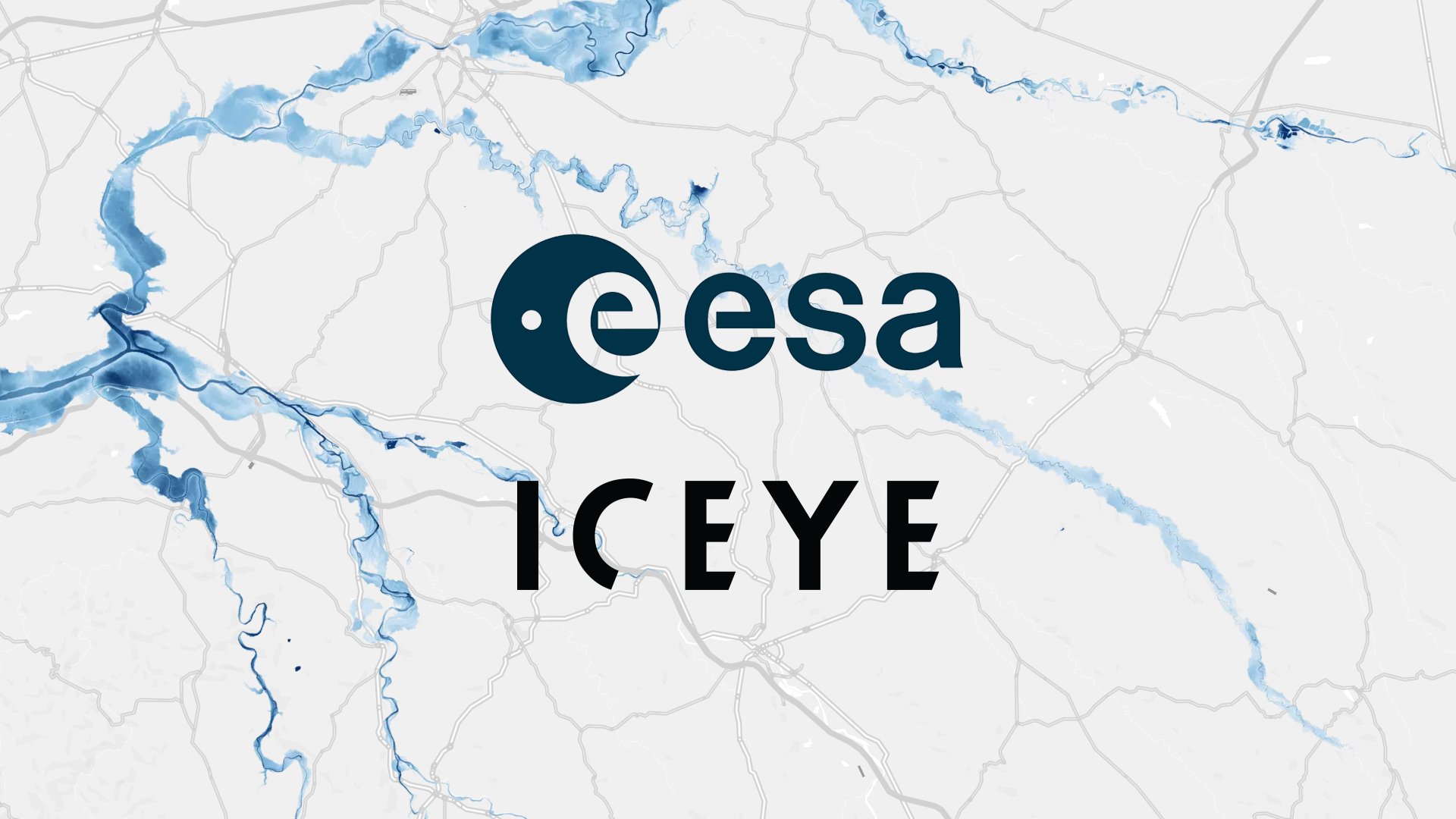 ICEYE and ESA logos on top of ICEYE's flood visualization.