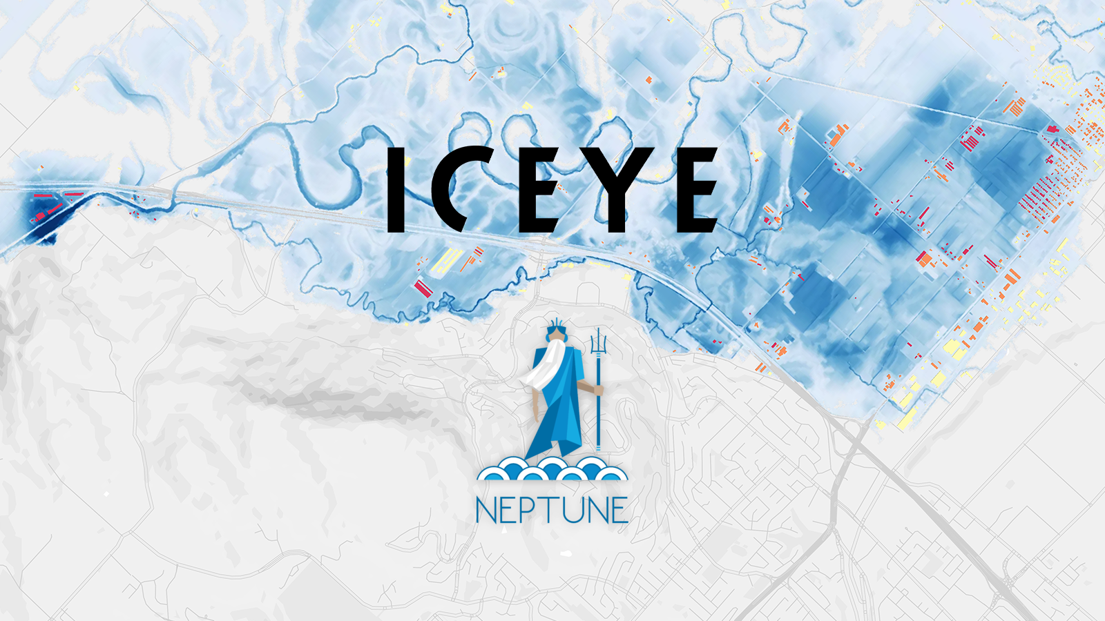ICEYE and Neptune Flood logos on top of ICEYE's flood visualization.