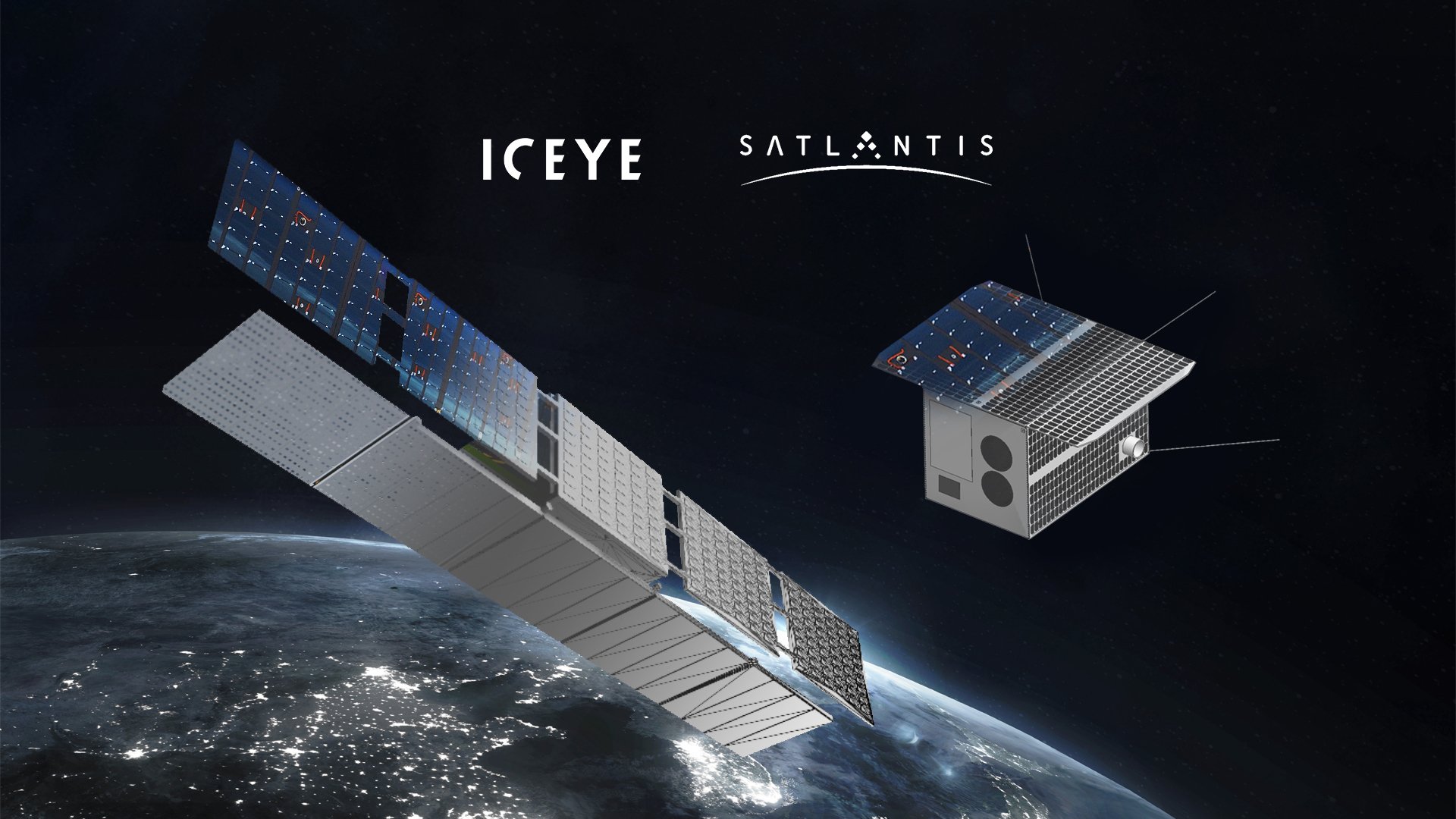 Graphic visualization of ICEYE and SATLANTIS satellites.