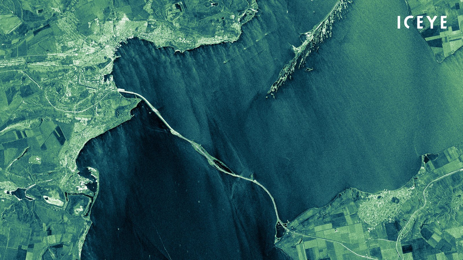ICEYE SAR satellite image of Crimean bridge (Kerch Strait Bridge or Kerch Bridge) that connects mainland Russia with Crimea.