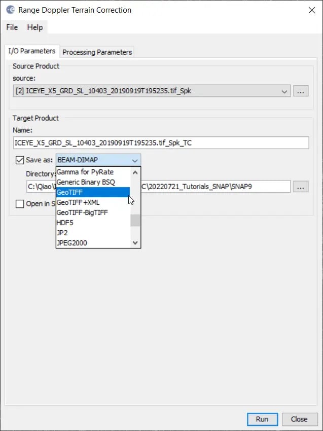 SNAP GRD 03 Terrain Correction Parameters GeoTIFF